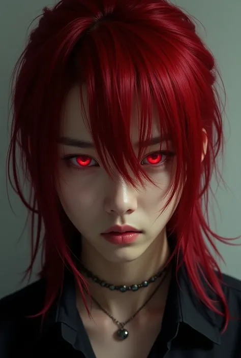  Korean man,  asymmetric face, long hair falling on the eyes,  red hair,  red eyes too,  intimidating look , image 100% realistic, HD photography style