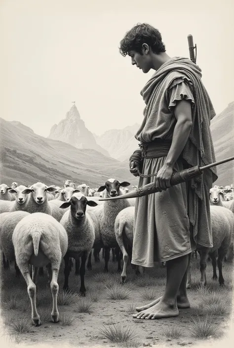 Create an image in the form of a drawing , About the story of David and Goliath, David taking care of the sheep