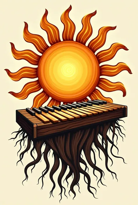 Create an image of a logo for a music school called 'Roots of the Sun'. The image should include a sun inspired by the effigy of the sun found on the roof of the San Juan Bautista Church in Sutiaba, in Leon, Nicaragua. The sun should have a Nicaraguan baro...