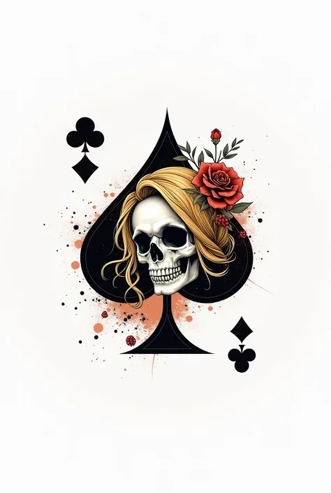 Create a logo for a tattoo and piercing artist. The name is “Blond.sticht” in German, spades with female blonde skull, playcard, no details, white backround, feminine 