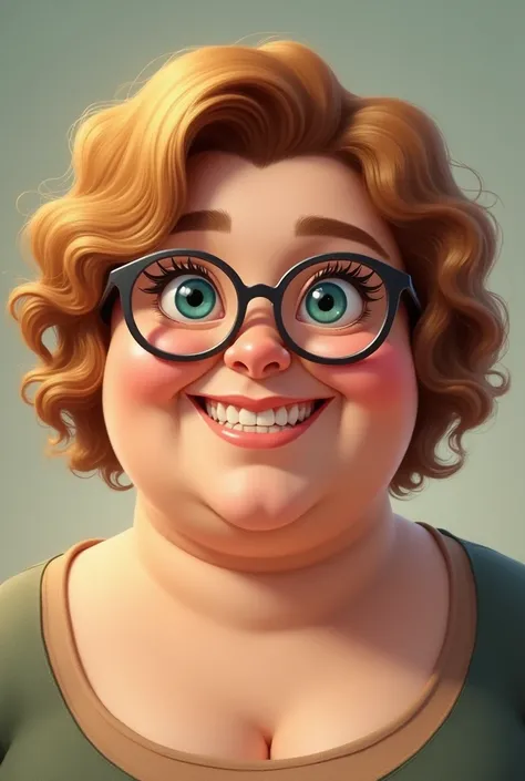 A woman chubby with short golden curly hair and torquise eyes and round glasses