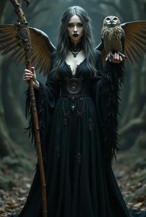 Witch of the owls Curola lipstick black brown eyes white skin black dress owl staff on the shoulder feathers on the dress droopy owl wings black hair 