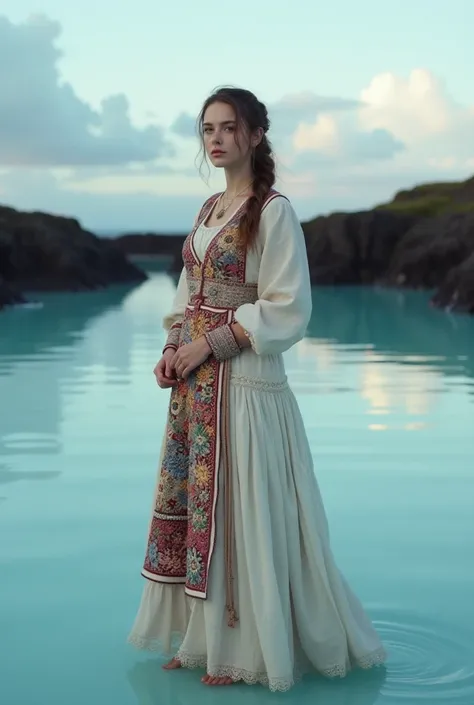  The Icelandic traditional dress features intricate embroidery as a woman stands gracefully against the backdrop of the Blue Lagoon, with soft reflections of the sky in the water.