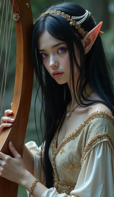  Elf with straight black hair with white highlights purple eyes white skin with medieval barda clothes playing a lyre female with a scar near the right eye 