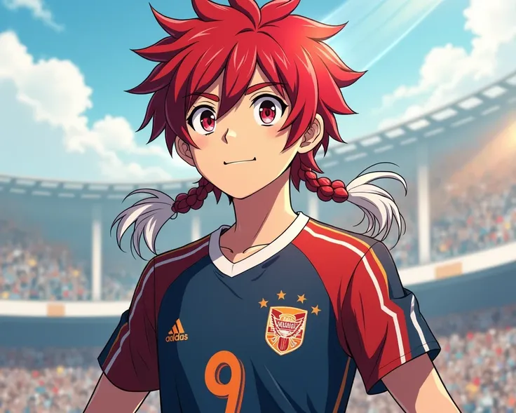 male oc sappelle senji.de L'univers inazuma victory road.qui la le porte le maillot numero 9 ombre eternal avec ces crocs aceréee. senji a des cheveux cours rouge long avec deux tresse blanche qui depasse au dessus de ses épaules.
ses yeux sont de couleurs...