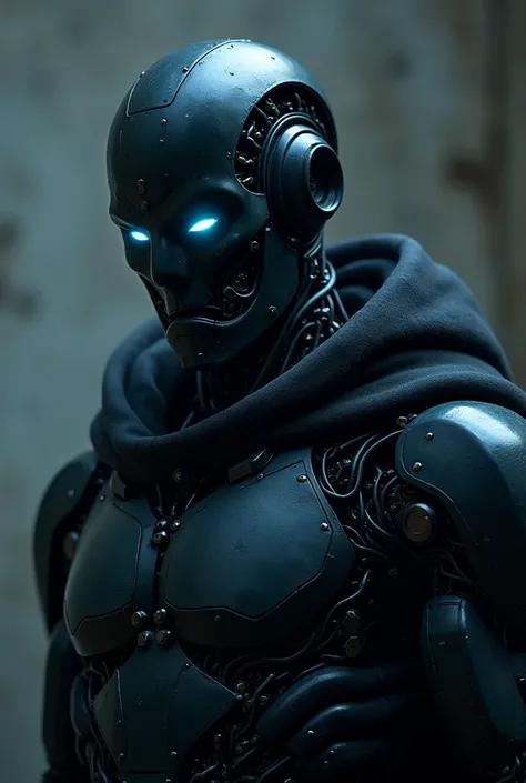 Make the image of a dark and gloomy Android, with bright blue lights.  Make the circuits of it in black. Give him a masculine look. Do well robotized, quite robust and with more circuits. Make menacing and glowing eyes.