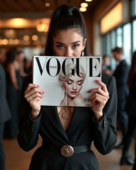 A stunning and captivating photograph of a young Russian woman. She is holding an open Vogue magazine in front of her face hiding it. She is slim, pretty, very busty, prominent thighs, sculptural body, elegant legs and full glutes. She is wearing a black p...