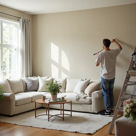 A homeowner painting their living room wall and decorating the space with their personal style.