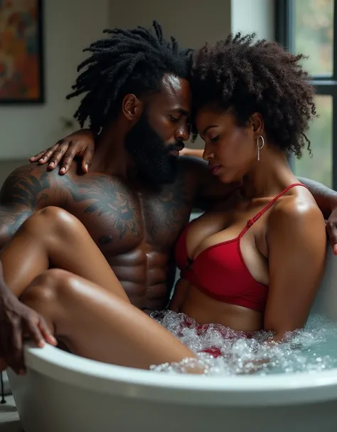 a couple laying in a bathing tub , both are opposite sides ,man is an alpha Tall,very strong, dark black skin big huge muscles rugged dark skin black, bulged american man,having a full, thick careless beard. He has curly, voluminous careless medium hair an...