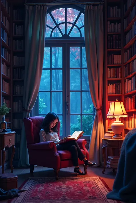 I have a picture of a bedroom with a library of books and the lighting is good in red and blue 