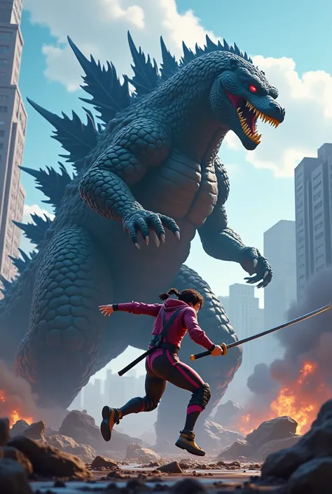 Godzilla being killed by Fortnite's juice world skin with a katana