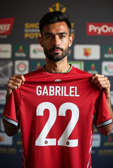  The McDonald's soccer team announces the purchase of forward Simon Gabriel,  holding hands the shirt with his name and the number 22 , Italian dark boy with beard  