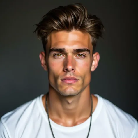 Man, 20 years old, athlete, strong, defined, medium brown hair in a classic taper cut, straight hair shorter, almost shaved on the sides and looser hair on top, amber eyes, almost golden, brown skin, almost tanned, defined jaw, almost square, so sharp, giv...