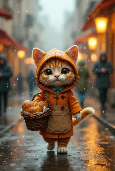 
A little cat with an apron and a basket full of warm bread, with a kind smile, walking down the rainy street. He offers bread to other animals in the city.
He is wearing a raincoat, and drops of water fall around him, reflecting the lights from the lamps.