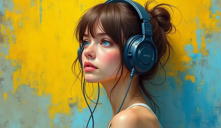  background,  masterpiece, ultra high res, ( photorealistic :1.4),  RAW Photo,  1girl, brown-haired,  blue eyes,   detailed eyes and face,  bare shoulders are visible,  dynamic lighting, in bright light, low key. face profile, large headphones on my head ....