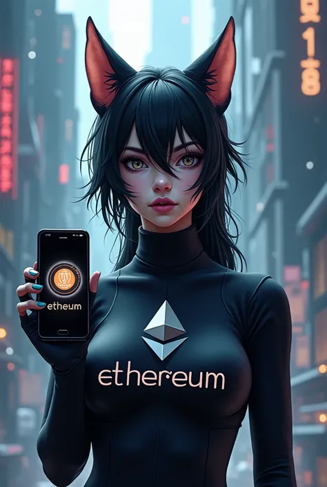 Squared picture of a Catgirl wearing an Etherum shirt holding a phone showing 10 ethereum 