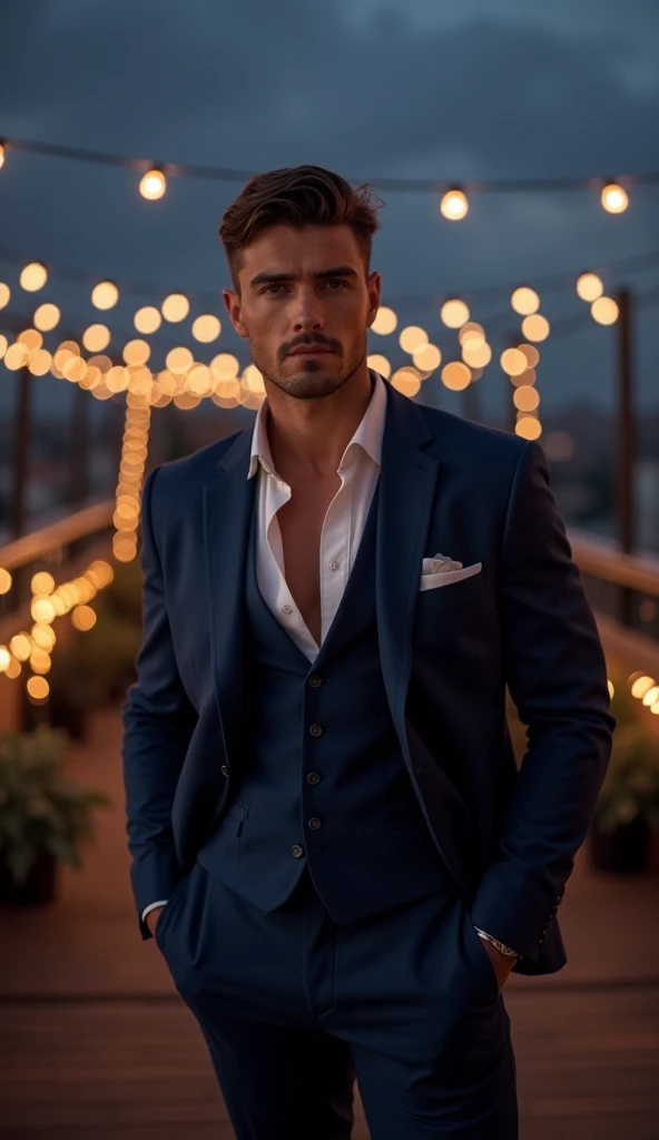 HD realistic. a handsome man with dark brown classy hair and muscles wearing a navy blue suit, with no shirt under it with a few buttons undone. With his hands in his pockets at a famcy rooftop in paris at night with fairy lights