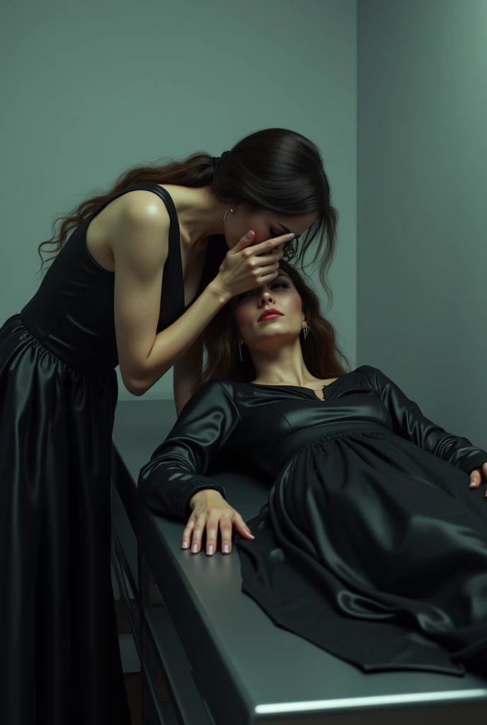 Photorealistic high detail full view european woman kissing a dead latino long hair woman lying on steel embalming table in mortuary eyes closed mouth closed barefoot dressed in shiny satin black ball gown