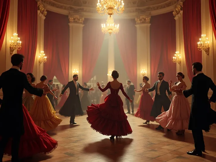 masquerade,  in the background people are dancing a waltz, two white columns, 19th century, dark red long curtains, big hall, the foreground is empty