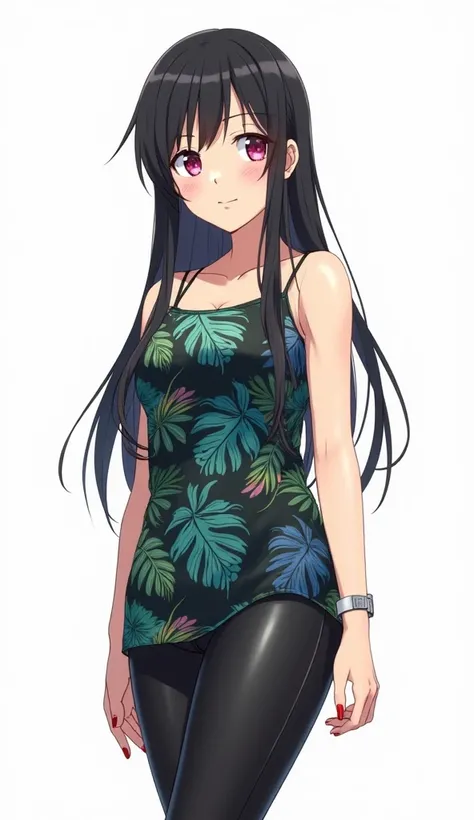 Japanese anime adolescent woman with long straight black hair and intense magenta eyes and red nails and white watch and wears a thin strap top with a tropical print of leaves and flowers in shades of green and blue on a dark background and with shiny blac...