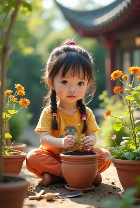 A young Chinese girl , around , sitting in a small garden. She carefully plants a seed in a clay pot, looking hopeful. The sun shines down on her, and she has gardening tools beside her. Around her, other pots have flowers blooming, but her pot remains emp...