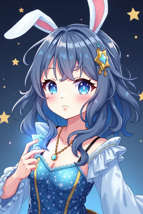  anime style girl pee with water magic、 white skin、 brown hair、Blue wavy hair ,  rabbit ears.  blue eyes with a white glowing six-pointed star embedded in each eye.  astronomy-themed costume .  gold moon jewelry .  star decoration on the right side of the ...