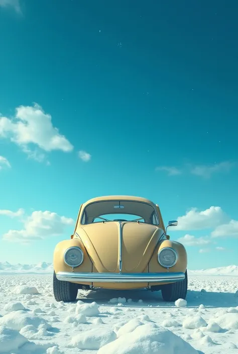 Realistic blue sky scenario, with stars and white clouds everywhere with a very large beige Beetle car on the side in the center of the snow-style image on the ground 