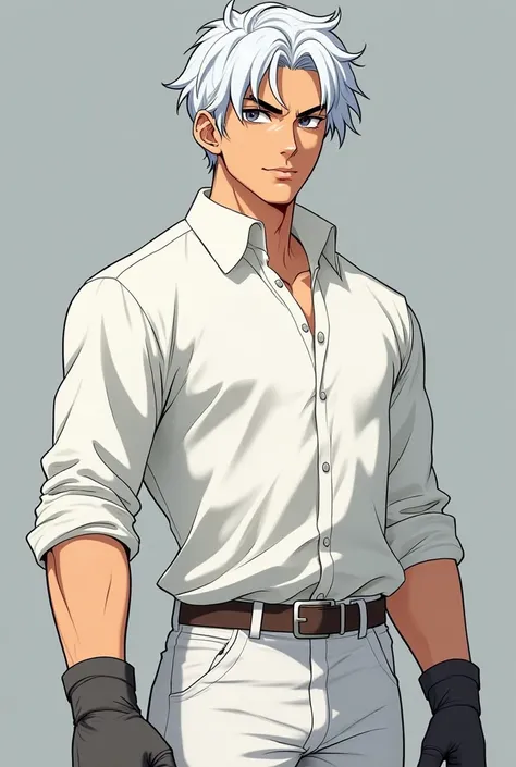 Strong white-haired man ,  looks 30 years old ,  wears basic clothes like a white shirt and pants,  he has mittens in his hands . Anime style