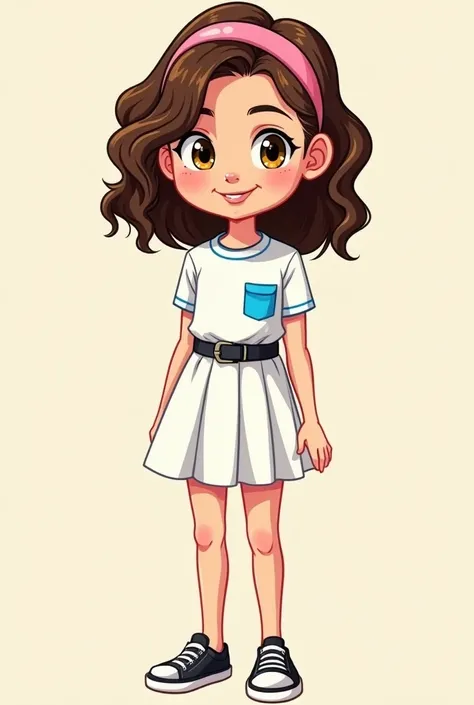 Make one with wavy brown hair, honey-colored eyes, a white skirt with a black belt, a white shirt with a blue pocket falling off. , with black and white shoes ,a pink headband ,comic book style