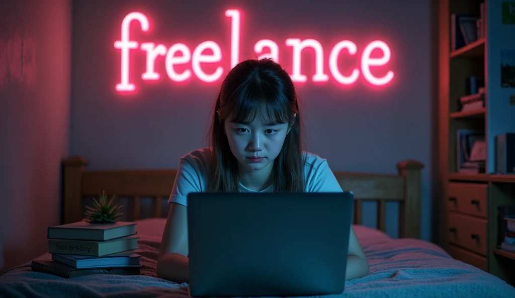 tired girl is sitting at her laptop and trying to make money in a boarding school. neon writing on the wall "freelance"