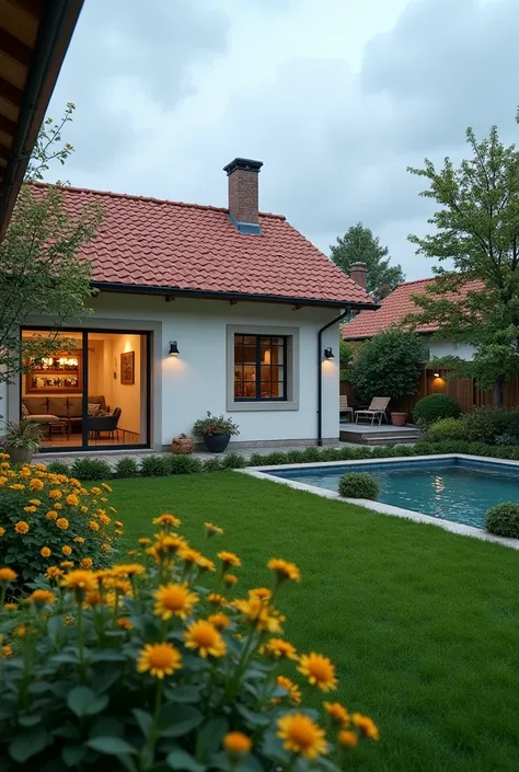 A simple single-storey , pleasant house with a land area of 150 m2, with patio on the left side medium yellow flowers, yard with grass in the garden , outdoor lighting , small pool and a car in the garage