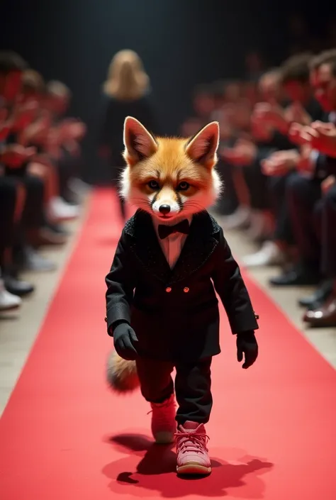 A small brown and black grizzly fox with very fluffy fur walking down the red carpet runway at a fashion show, wearing a black suit with shiny effects and pink adidas yeezy shoes, the little fox walks confidently looking at the camera as if he is aware of ...