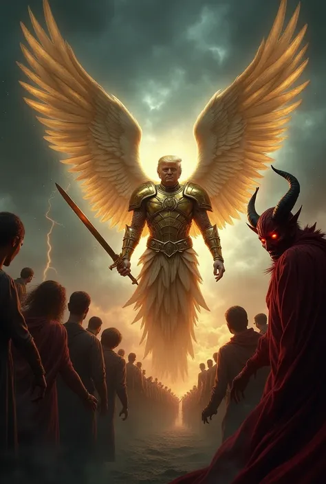  Create an epic and dramatic scene with a dark and stormy background ,  full of black clouds and lightning . in the center,  a majestic angel with large shiny wings and golden armor radiates divine light ,  holding a shining sword .  The angel bravely stan...