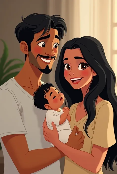 A family of 3 a fair-skinned male father with straight black hair with goatee ,  a fair-skinned female mother with long straight black hair  ,  a newborn white boy with black hair  ,Happy family Disney Pix style 