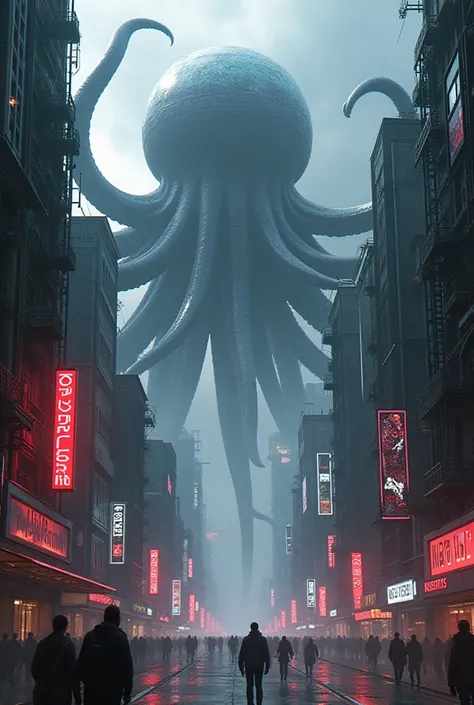 Futuristic city overrun by these giant octopuses, neon lights, dystopian, cyberpunk style