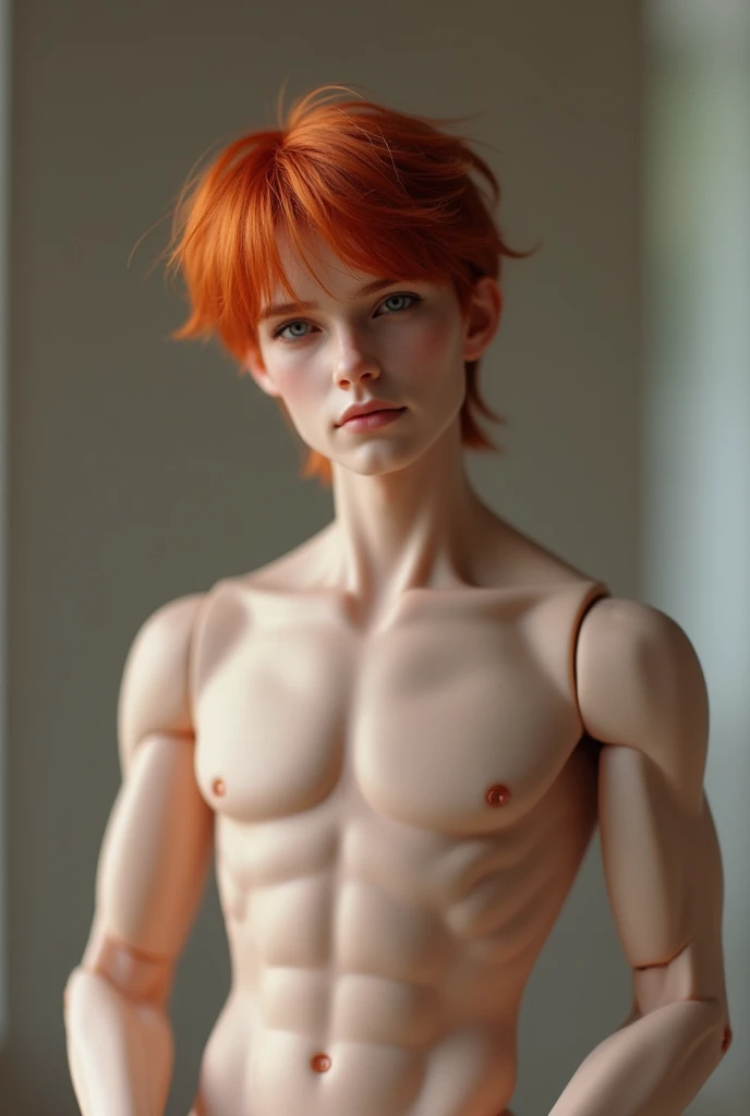  Make an image of a handsome humanoid young man doll with bangs and red hair and blue eyes, Do him shirtless Male ,doll,no humans,,fair_skin,white_skin,curvy,slender,
