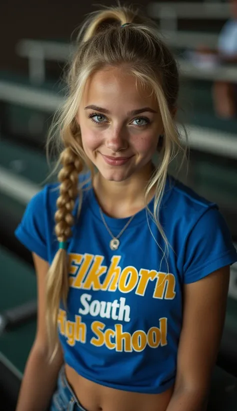 Grainy realistic photograph, A sensual adolescent blonde babysitter, her hair styled long ponytail hair, showing her curves from the side, cleavage, in the packed high school bleachers. Her lips curve into a sly grin as she teases the viewer, large lips, h...