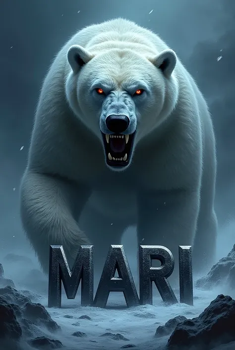 Create banner with an evil polar bear drawing and with the name Mari in 3D