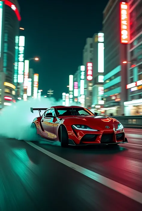 Supra mk4 is drifting in Tokyo streets with green and red neon lights 