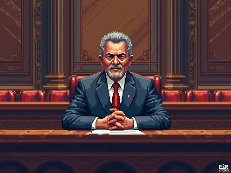 pixel art, Pixel. Luis Inácio Lula da Silva at a table in the Brazilian parliament