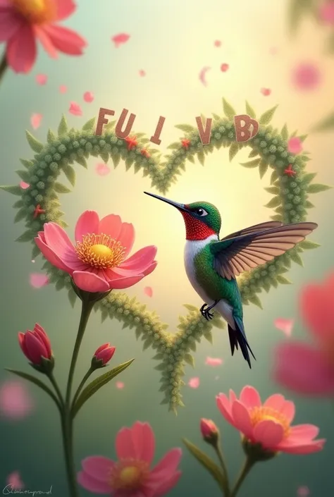 I want a hummingbird making a heart shape together with a flower while trying to reach it with its beak and that inside the heart it has the letters FUVB.