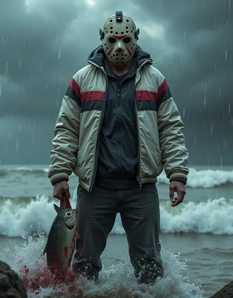 (photorealism:1.2),  Jason Voorhees wearing a white jacket with black and red stripes, Holding a fish with blood by its tail in a storm on the high seas