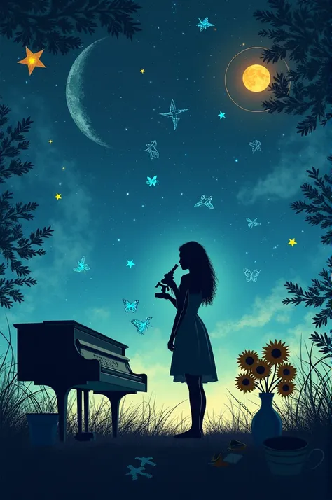 black silhouette of a woman looking at a microscope 
background sky with :
 2 yellow stars 
9 blue stars 
a moon and a sun together
2 red stars 
blue background 
Pisces constellation
Puzzle picture of the map of Venezuela 
Piano and above it a cup of coffe...