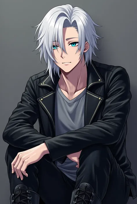  20-year-old male,  white hair, semi long hair,  shiny pale skin ,  blue eyes, Serious,  expressionless,  black leather jacket , grey t-shirt,  black pants , tactical military boots , sitting,  arms crossed,  perfect anatomy , Perfect pose,  perfect hands,...