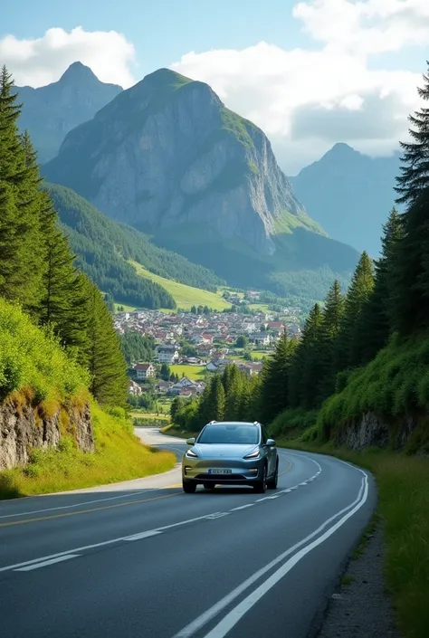 A photograph of Norway featuring a mountain backdrop. It is a thriving town surrounded by lush greenery, creating a sense of abundance. A winding road is the focal point, with a close-up of an electric car driving along it.