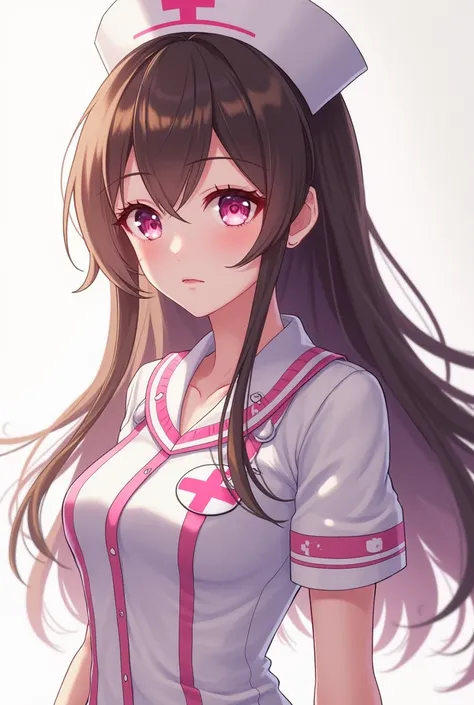  masterpiece,  better quality,  18-year-old girl ,  white skin , long brown hair,  light pink eyes ,  nurse costume in white with light pink,  anime style 