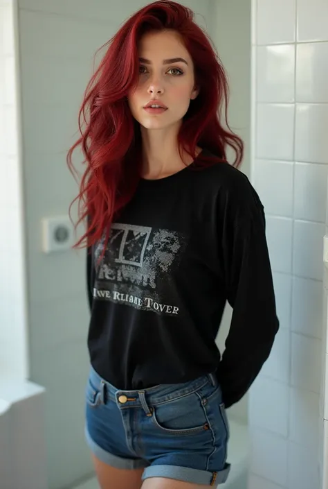 1 dark red haired women, jean shorts, black graphic long sleeve shirt, white bathroom, hands behind back