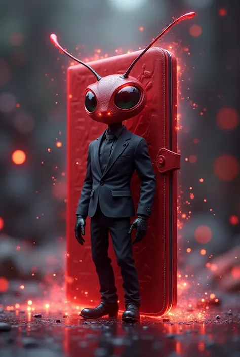  make picture of arichain wallet,  is red , beraura .  ant mascot wearing cool suit 