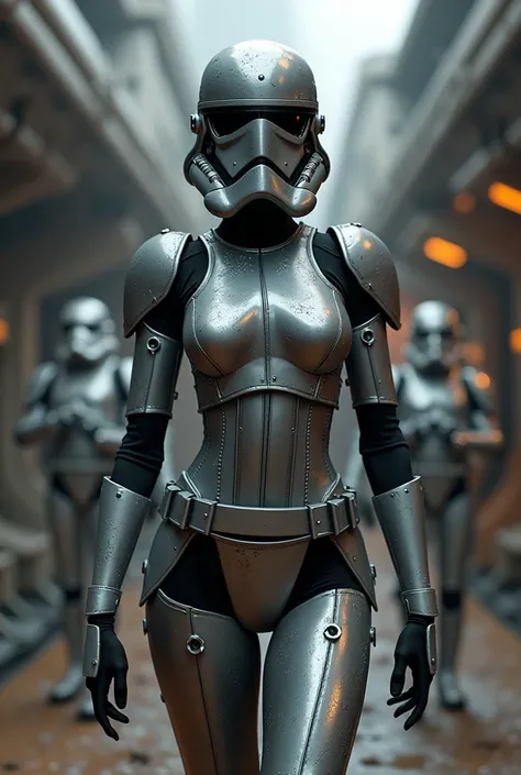 Sexy female stormtrooper (Star Wars), armored leotard, wearing iron helmet, iron armor