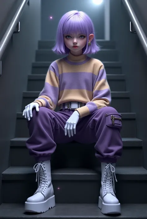 Gothic doll,  boy, light purple gradient hair, cool expression, star earring in one ear, light purple and light yellow horizontal striped long-sleeved sweater, one shoulder exposed, white belt, white fingerless gloves, belt Chains, dark purple trousers wit...